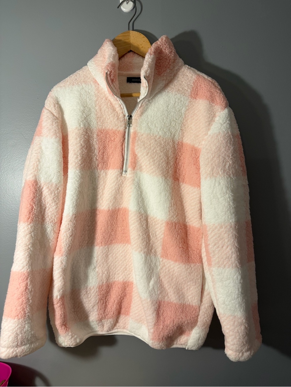 Cozy Women's Half-Zip Sherpa Pullover - Pink & White